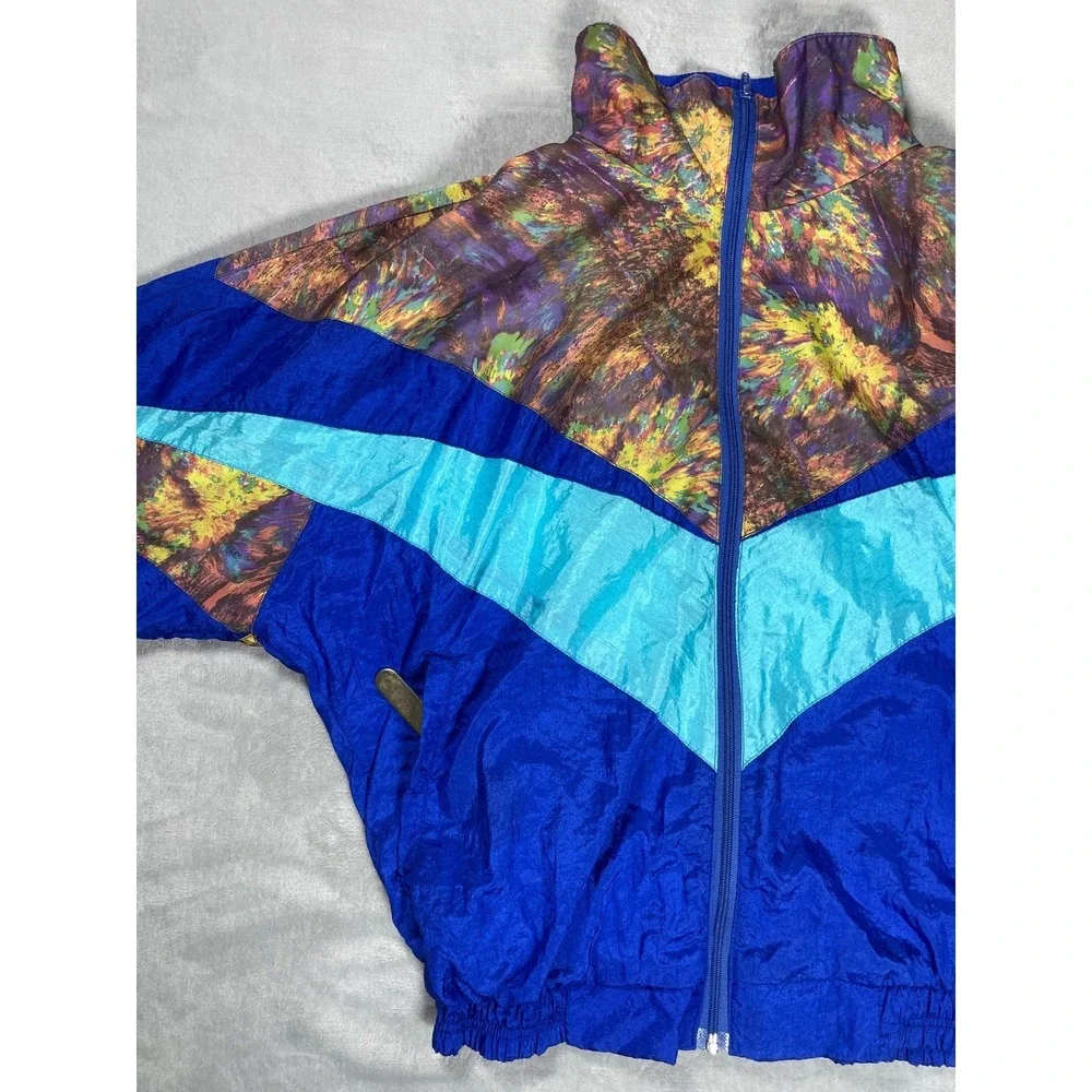 Vintage 90s Windbreaker Jacket Mens L Blue Colorblock Abstract Full Zip Nylon
